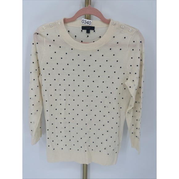 J.Crew Merino Wool Sweater Women's Small Cream Black Polka Dot Button Shoulder - Picture 1 of 7